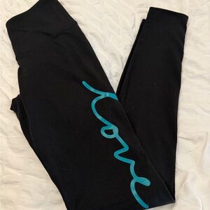 PINK Victoria's Secret Black Leggings with Teal Script